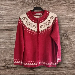 Vintage Croft And Barrow Red Pinecone Holly Zip Up Holiday Sweater 1X Silk Blend - Picture 1 of 22
