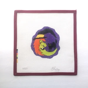 Shelly Tribbey Handpainted Needlepoint Canvas Green Witch Black Cat Halloween - Picture 1 of 4