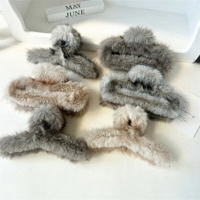 15cm Fluffy Grab Clip Barrette Mink Fur Super Large Hair Claw Clip Soft Warm - Image 1 of 4