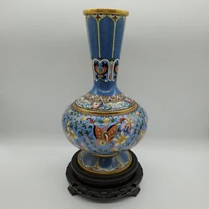 Vaso cinese vintage blu CLOISONNE 10" ottone smaltato farfalle floreale con base - Foto 1 di 14