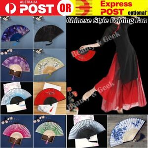 Chinese Style Folding Fan Bamboo Cloth Foldable Hand Held Dance Party Favor Gift