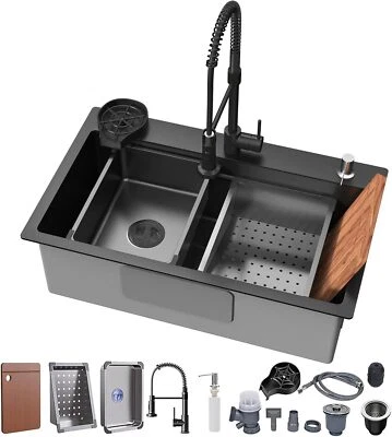 KOXKING Stainless Steel Black Drop-in Kitchen Bar Sink 27"×18" in Top-Mount Single Bowl