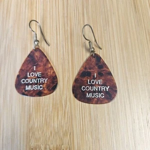 Brown Tortoiseshell Pattern I LOVE COUNTRY MUSIC Guitar Pick Earrings 1.85" - Picture 1 of 3