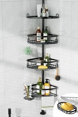 Vara de tensão caddy de chuveiro de canto, 4 camadas ajustável sem broca tampa grande à prova de ferrugem - Imagem 1 de 4