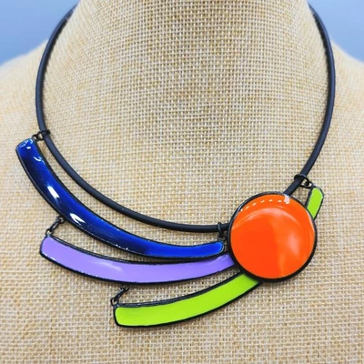 Collana geometrica Thierry Joo Paris Pop Art smalto blu verde arancione 18" - Immagine 1 di 4