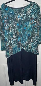 Connected Apparel Black Peacock Layered Stretch Pull On Longsleeve Dress 14 W - Picture 1 of 3