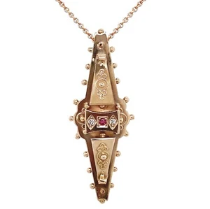 9K Rose Gold Bar Pendant, Stamped Birmingham 1909 w Diamond on 14K Chain - Foto 1 di 11