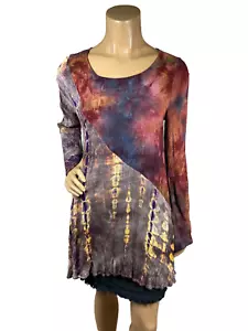 Umgee Asymetrical Cut Tunic Size S Crinkle Fabric Multicolor Long Bell Sleeves - Picture 1 of 10