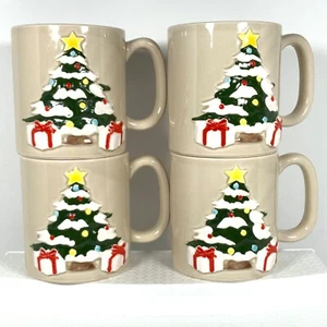 Otagiri 4 Mugs Christmas Tree Coffee Cups Ceramic Pottery Hand Painted Japan - Picture 1 of 10