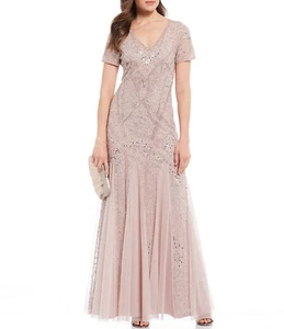 Adrianna Papell Cameo Beaded Formal Dress with Short Sleeves 10 - Picture 1 of 8
