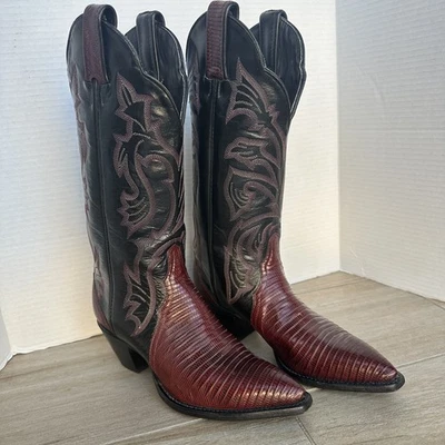 Tony Lama 6 Western Square Botas de Baile Mujer Lagarto Vaquera Rodeo Negro Rojo Foto 1 de 4