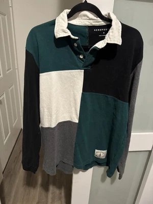 Aeropostale Colorblock 长袖橄榄球衬衫男式小号拼布块 — 第 1/4 张图片