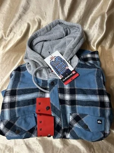 NEW! QUIKSILVER size MEDIUM Flannel Hoodie Button-Down Shirt-Jacket BLUE - Picture 1 of 7