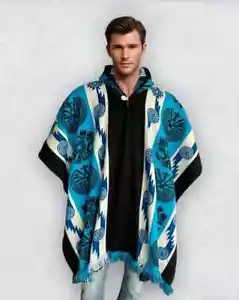 Alpaca Poncho with Hood blue/black | Soft Wool | Native Design | Handcrafted - Picture 1 of 9