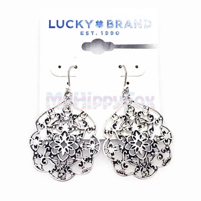Lucky Brand Antiqued Silver Tone Thai Butterfly Filigree Lace Drop Earrings - Image 1 of 4