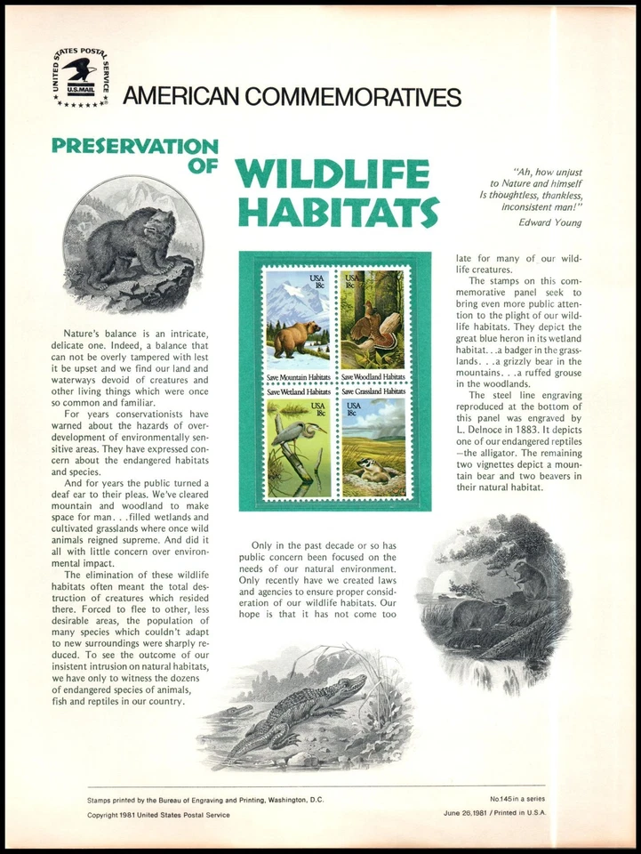1981 Wildlife Habitats mountains wetland CP145 commemorative panel 145 MNH 1924a - Image 1 of 1