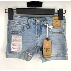 Hippie Mädchen Jeansshorts Kinder Größe 5 Midi Druckknopf blau weich Stretch ausgefranster Saum - Bild 1 von 5
