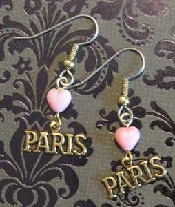 Love Paris Earrings 24 Karat Gold Plate Pink Glass Heart Bead - Picture 1 of 4