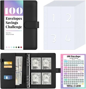 100 Envelope Money Saving Challenge Book with 100 Pocket Pre-Numbered & Reusable - Picture 1 of 12