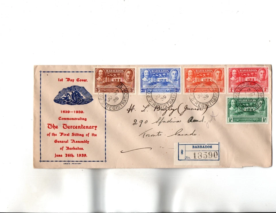 Barbados FDC Sc#202 to 206 June 27,1939 - Image 1 of 1