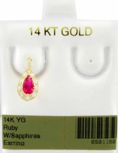 LAB CREATED RUBY & WHITE SAPPHIRES Single EARRING 14K YELLOW GOLD - NWT - Picture 1 of 3