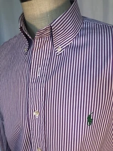 POLO Ralph Lauren uomo cotone camicia poplin a righe viola/bianca taglia 16,5 x34/35" - Foto 1 di 6