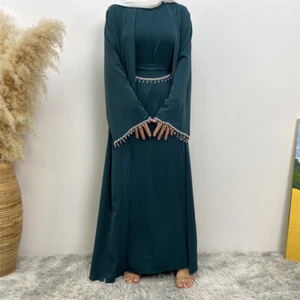 Women Suit Cardigan Dress 2 Piece Casual Loose Muslim Robe Arab Tassals Abaya - Picture 1 of 60