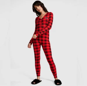 New VICTORIA'S SECRET PINK Thermal Long John Jane Pajama sleep bodysuitRed Large - Picture 1 of 5