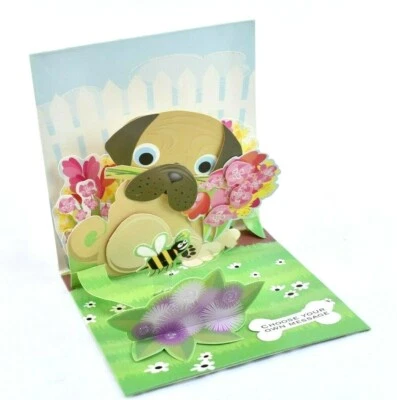 Pug Bouquet All Occasion Greeting Card 3D Pop Up Card Up With Paper  - Image 1 of 4