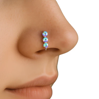 Anello naso 3 zirconi piccolo cristallo AB calibro 22 argento 925... - Immagine 1 di 4