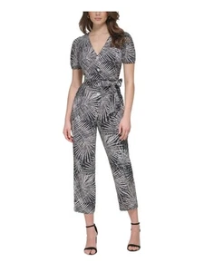 KENSIE Womens Black Tie Short Sleeve V Neck Button Up Cropped Jumpsuit 12 - Picture 1 of 9