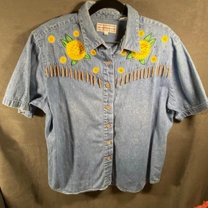 Top donna vintage grande ricamato girasole cottagecore perline western chambrey - Foto 1 di 7