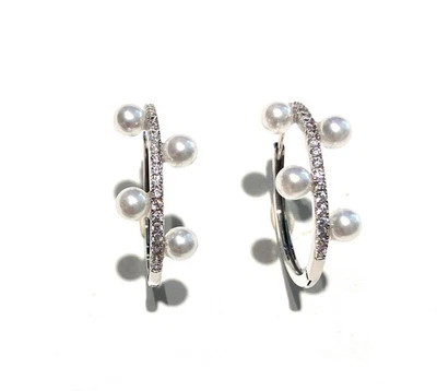 Orecchini Cerchietto Zirconi Argento 925 Rodio Perline Bianche - Immagine 1 di 3