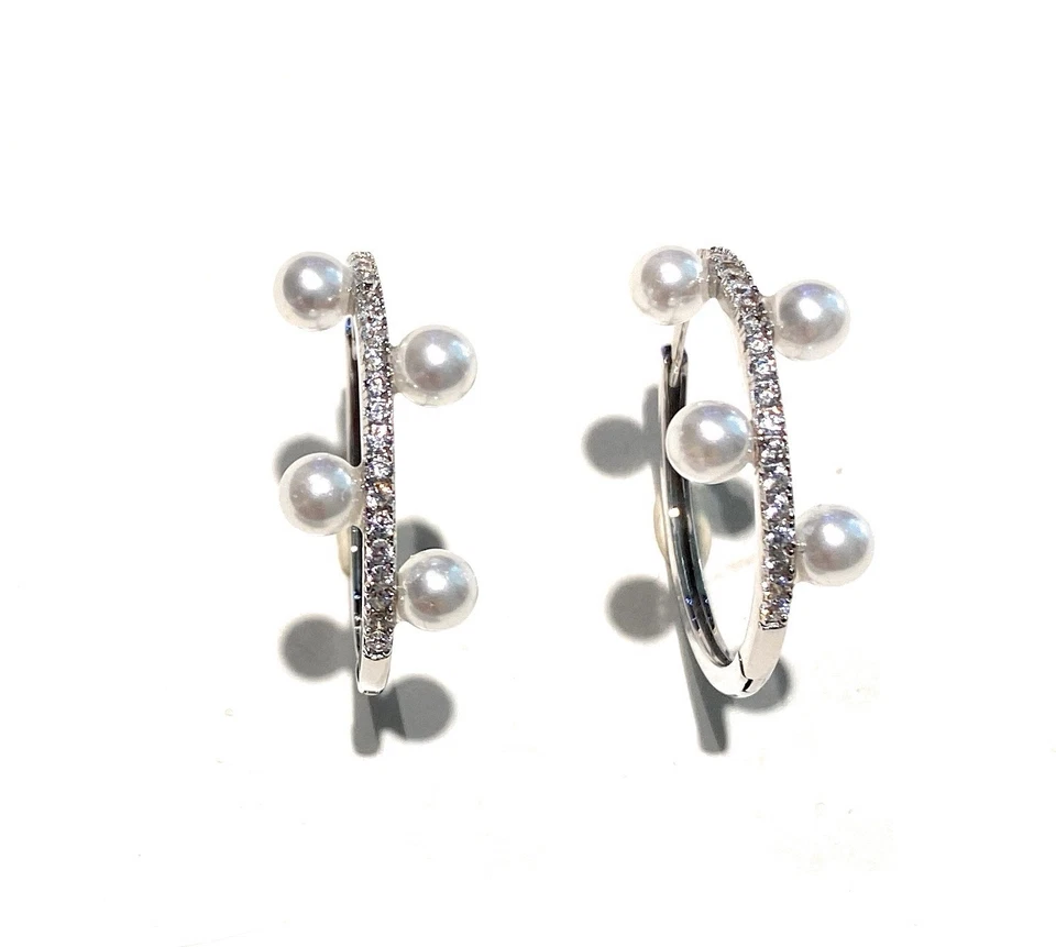 Orecchini Cerchietto Zirconi Argento 925 Rodio Perline Bianche - Immagine 1 di 3