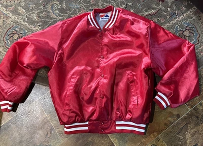 VTG SWINGSTER Red & White Satin Look Varsity Bomber Jacket SZ L No logo 1980-90s - Image 1 of 4