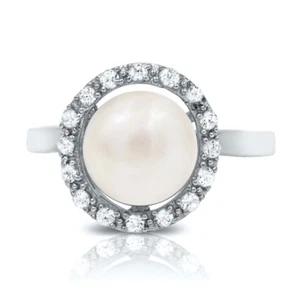 Precioso anillo de perlas naturales crema en plata de ley 925 con acentos circulares 8 mm - Imagen 1 de 5