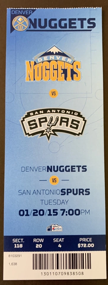 Denver Nuggets 1/20/15 NBA ticket stub vs San Antonio Spurs - Image 1 of 1