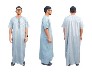 Men's Short Sleeve Solid Casual Muslim Arab Thobe Full Length Thawb Kaftan Top - Picture 1 of 12