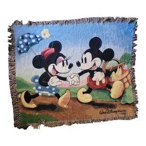 Vintage Disney World Mickey & Minnie Mouse Blanket Tapestry Woven Throw Fringe. - Picture 1 of 7