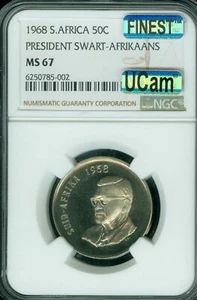 1968 SOUTH AFRICA SWARTZ AFRIKAANS 50 CENTS NGC MS67 MAC UCAM FINEST SPOTLESS * - Picture 1 of 2
