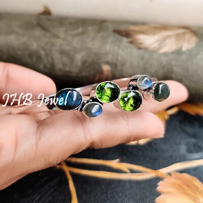 Peridot Cut & Labradorite Gemstone 925 Sterling Silver Bangle Cuff For Wife - Image 1 of 4