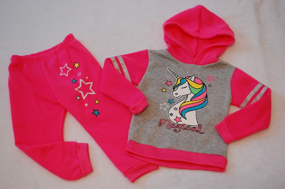 Conjunto para niñas pequeñas "MÁGICO" UNICORNIO SUDADERA CON CAPUCHA Y PANTALONES DEPORTIVOS Rosa y Gris 2T Foto 1 de 1