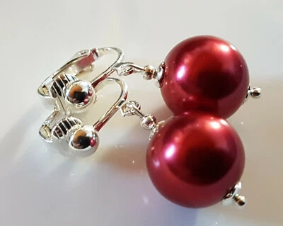 OHRCLIPS  CLIPS VERSILBERT 14 mm  ROTE PERLEN  - Bild 1 von 2