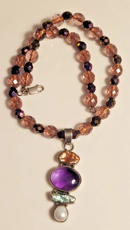 Ametista Viola Perla Argento Sterling Slide Ciondolo Perlina Cristallo Collana - Immagine 1 di 4