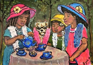 Pintura artística original, acrílico, 5x7, Regina DeVal, fiesta de té de vestir - Imagen 1 de 1
