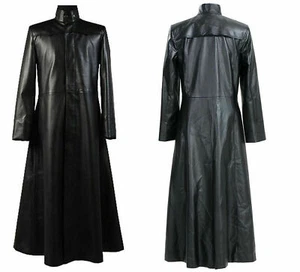 Neo Matrix Trench Coat Keanu Reeves Black Leather Trench Coat Gothic Jacket - Bild 1 von 4