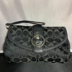COACH Black Signature Jacquard Fabric Clutch Purse Silver Buckle Leather Trim - Bild 1 von 10