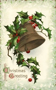 Peace On Earth Gold Bell & Holly Christmas Postcard - Picture 1 of 2