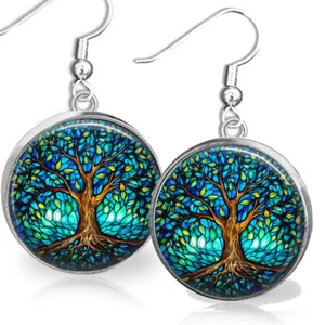 Faux Stained Glass Art Print Blue Tree of Life Earrings Celtic Symbol Artisan - Picture 1 of 3