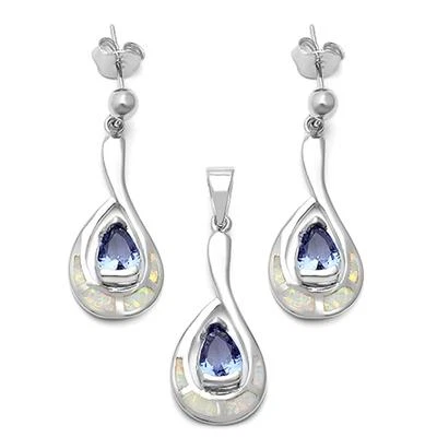 Tanzanite Cz & Lab created White Opal .925 Sterling Silver Jewelry Set - Image 1 of 2